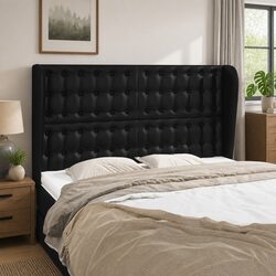Adjustable Height Black Faux Leather Headboard with Ears