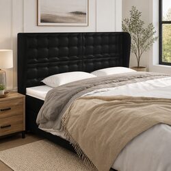 203cm Black Faux Leather Headboard with Ears Design