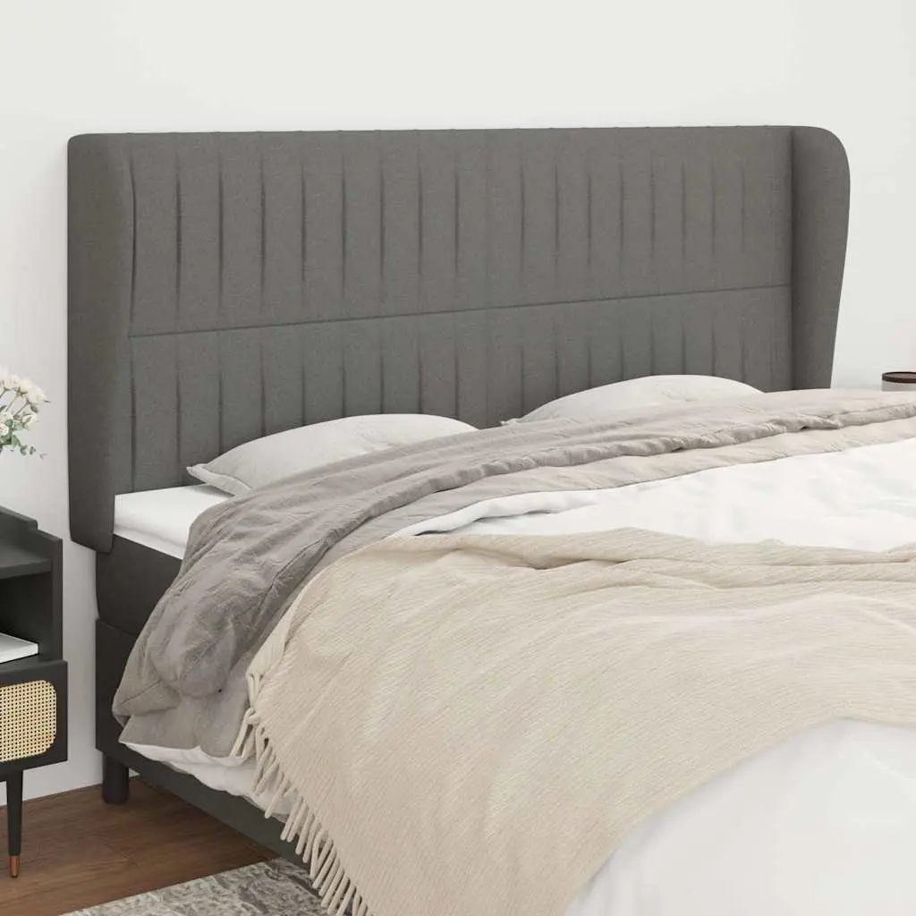 Headboard with Ears Adjustable Height Dark Grey Fabric Bed Head Support Wooden Legs