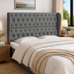 147cm Grey Fabric Headboard with Ears and Wooden Legs