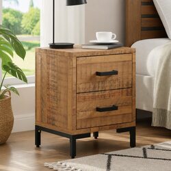 Solid Pine Wood Nightstand with 2 Drawers