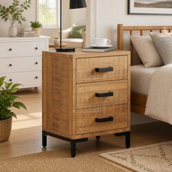 Solid Pine Wood Bedside Cabinet with 3 Drawers