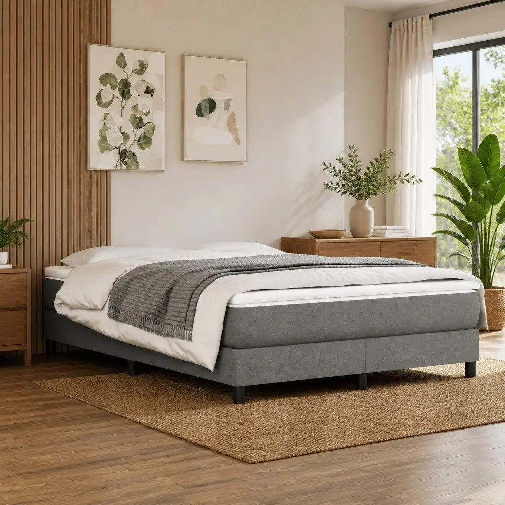 Queen Box Spring Bed Frame Dark Grey Fabric Bedroom Furniture with Plywood Slats