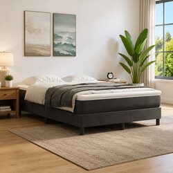 Box Spring Bed Frame in Queen Size with Grey Velvet Finish