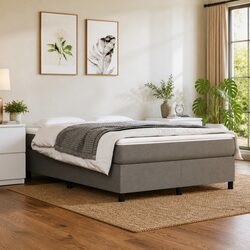 Grey Fabric Box Spring Bed Frame with Plywood Slats