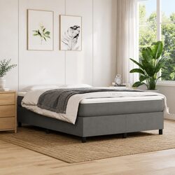 Queen Box Spring Bed Frame with Grey Fabric Upholstery