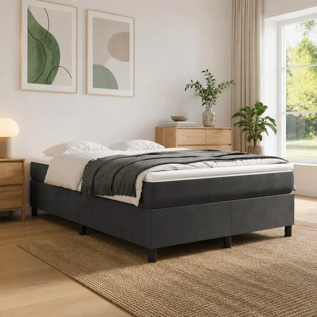 Queen Size Velvet Upholstered Bed Frame Dark Grey