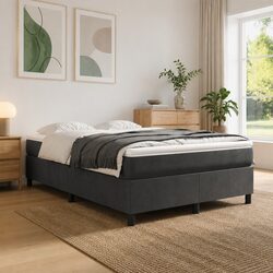 Grey Velvet Upholstered Box Spring Bed Frame Queen Size