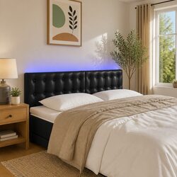 Adjustable Height Black Faux Leather LED Headboard