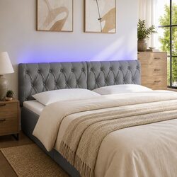 Adjustable Height LED Headboard 160 cm in Grey Fabric