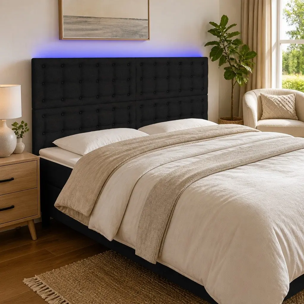 Adjustable Height LED Headboard Fabric Black 160 cm Wall Mount Bedroom