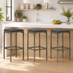 Set of 3 Bar Stools with Cushions in Grey Rattan