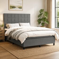 Double Box Spring Bed with Adjustable Headboard, Grey