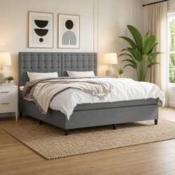 Dark Grey Queen Size Box Spring Bed with Pocket Spring Mattress