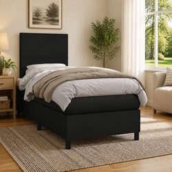 Box Spring Bed with Pocket Mattress in Black Faux Leather