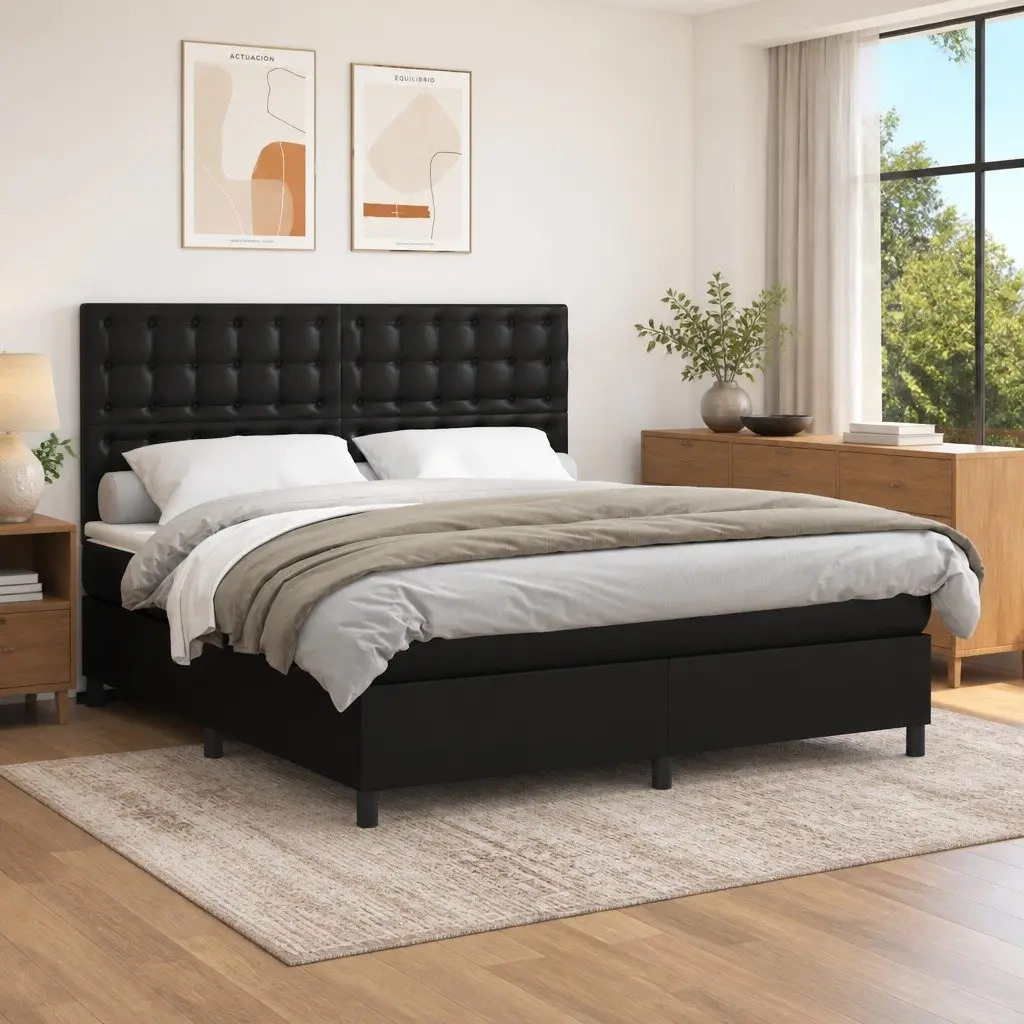 Box Spring Bed with Pocket Spring Mattress Medium-Firm Comfort Queen Size Black Faux Leather