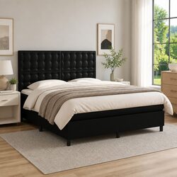 Black Faux Leather Queen Box Spring Bed with Pocket Mattress