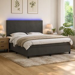 Box Spring Bed Queen Size with Adjustable Headboard in Grey