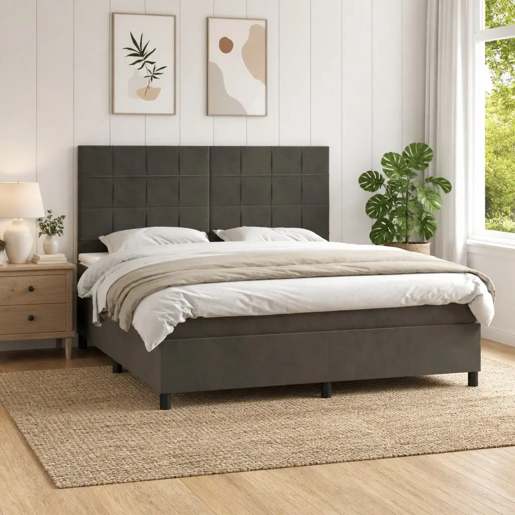Queen Size Box Spring Bed with Pocket Spring Mattress Adjustable Headboard Grey Velvet