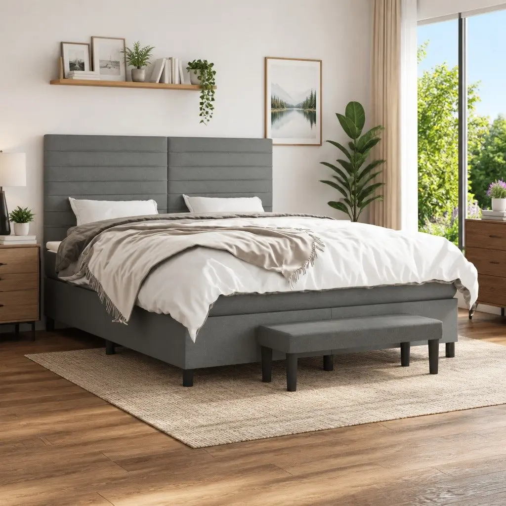 Queen Bed with Adjustable Headboard Pocket Spring Mattress Dark Grey Fabric
