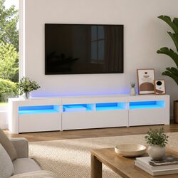 210cm White TV Cabinet with LED Lights and Storage