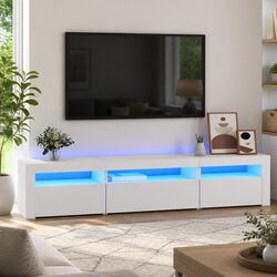 Modern White TV Cabinet with LED Lights and Storage Solutions