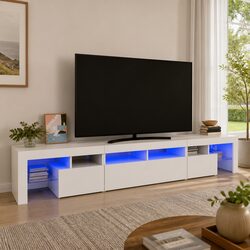 White RGB LED TV Cabinet Media Unit 230cm Dimensions