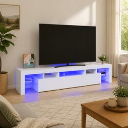 RGB LED White TV Cabinet Modern Media Unit 200cm