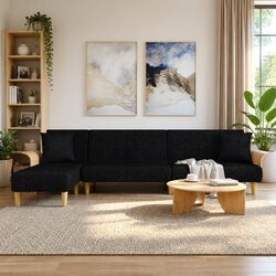 L-Shaped Convertible Black Sofa Bed with Fabric Upholstery