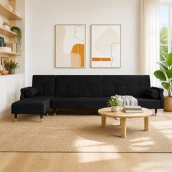 L-Shaped Sofa Bed in Black Velvet with Movable Chaise