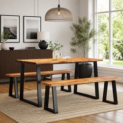 Acacia Wood Dining Set: 3 Piece Table, Bench, Chairs