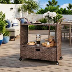 Poly Rattan Bar Cart with Drawer and Locking Castors