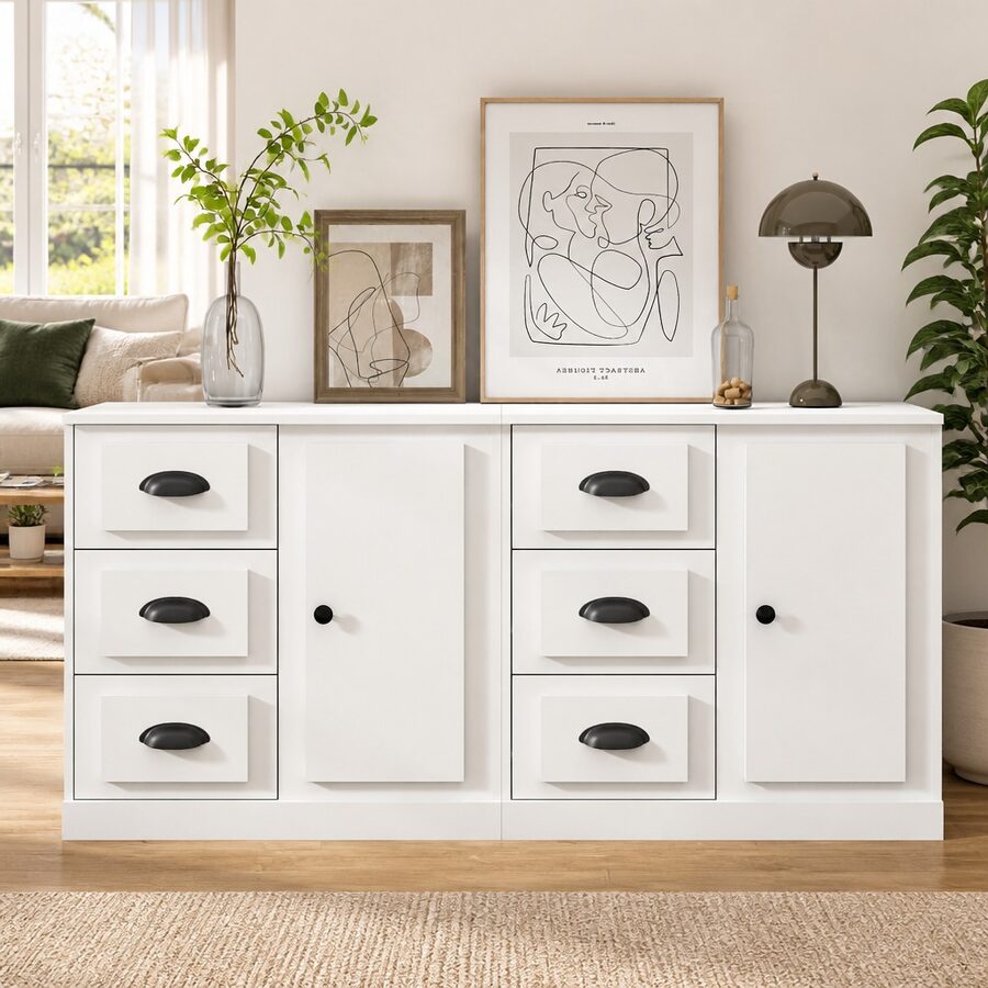 Set of 2 Engineered Wood White Sideboards Storage Cabinets