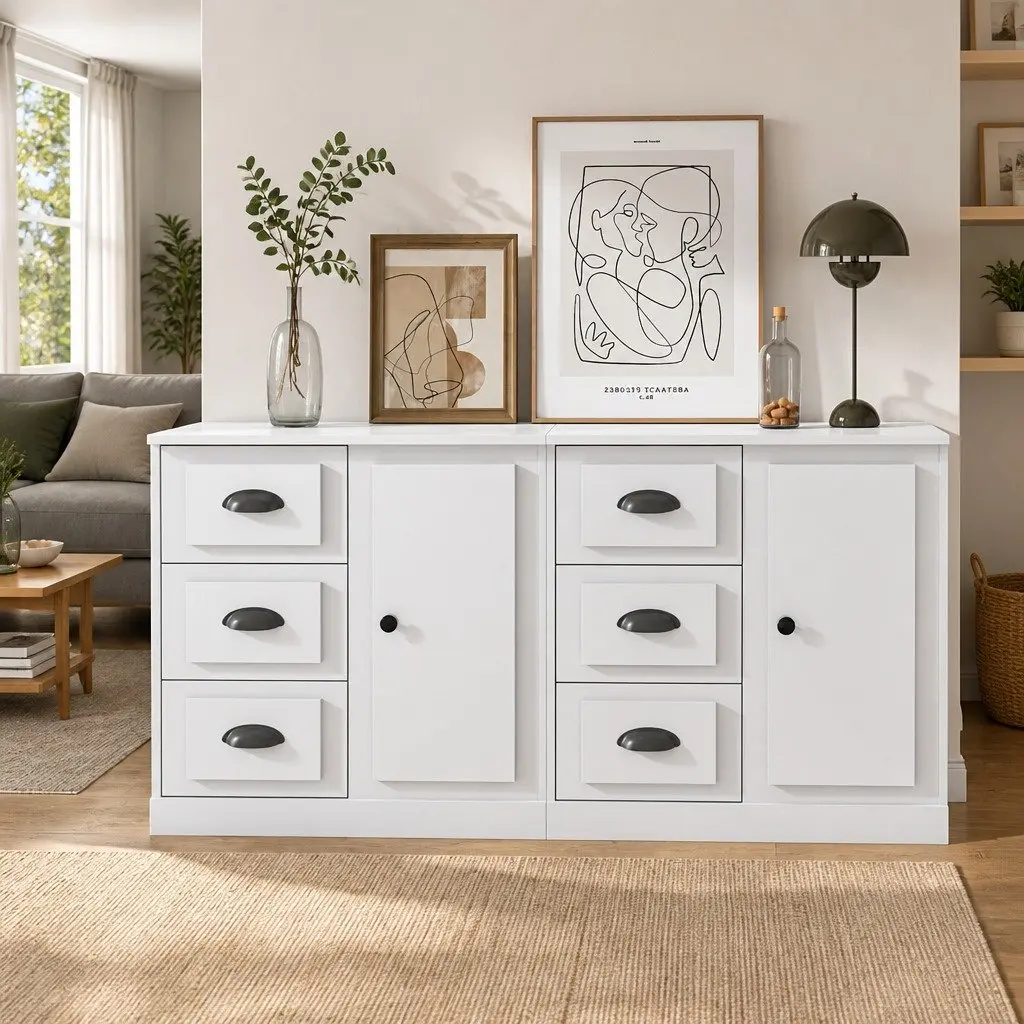 Storage Cabinet Buffet Engineered Wood White High Gloss Two Pieces