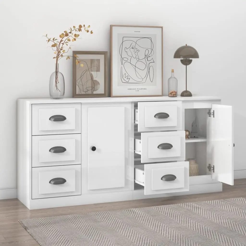 Storage Cabinet Buffet Engineered Wood White High Gloss Two Pieces