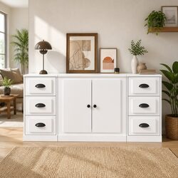 3-Piece Storage Cabinet Buffet Display in White Wood