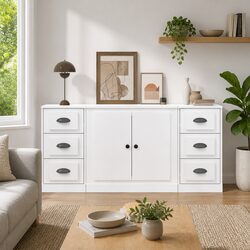 Set of 3 Engineered Wood White Sideboards