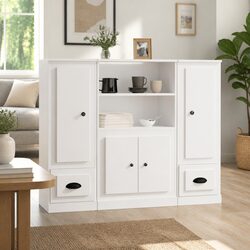 3-Piece White Engineered Wood Highboard Storage Set