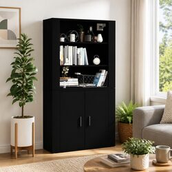 Black Engineered Wood Wall-Mounted Highboard Cabinet