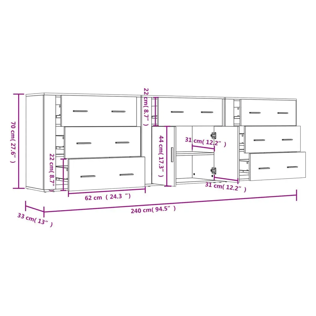 3 Piece White Storage Sideboard Cabinet Engineered Wood Buffet Display Unit
