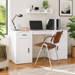 White Engineered Wood Office Desk with Cabinet Features