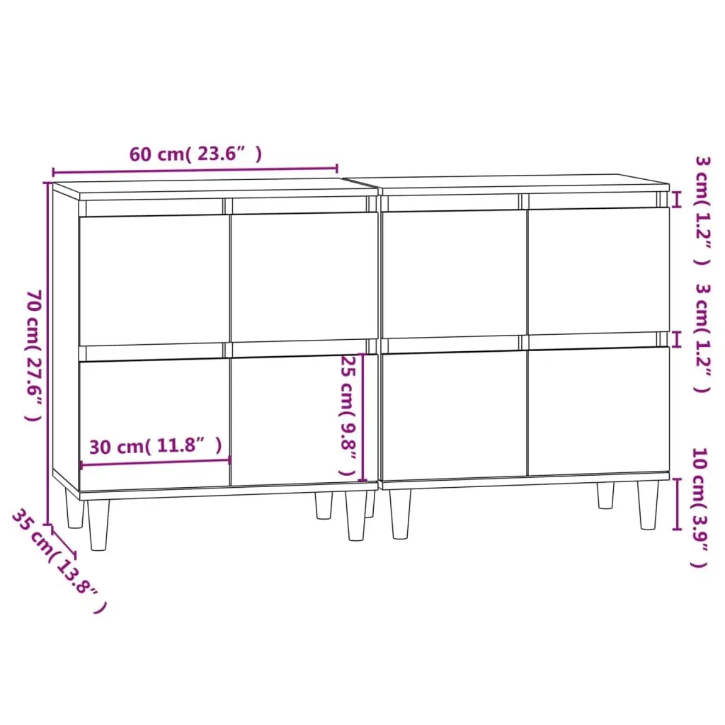 High Gloss White Sideboards Storage Cabinet 2 Pieces Engineered Wood 60x35x70 cm