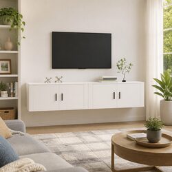 Compact White Engineered Wood TV Cabinets, Set of 2