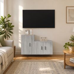 Wall-Mounted TV Cabinet Set: 2 Piece, Grey Wood