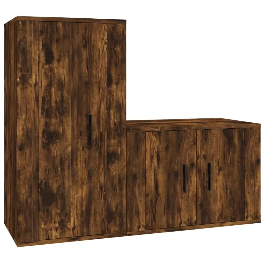 Brown Wall-Mounted TV Cabinet Set Engineered Wood Storage Unit 2 Piece