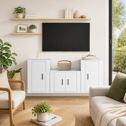 3 Piece TV Cabinet Set in High Gloss White Engineered Wood