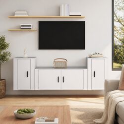 Functional 3 Piece White Wall Mounted TV Cabinet Set