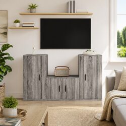 3 Piece Wall-Mounted TV Cabinet Set in Grey Engineered Wood