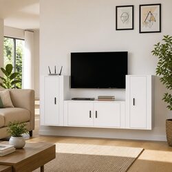 Wall-Mounted White TV Cabinet Set, 3 Pieces