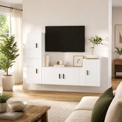 Wall-Mounted TV Cabinet Set: 4 Pieces in White